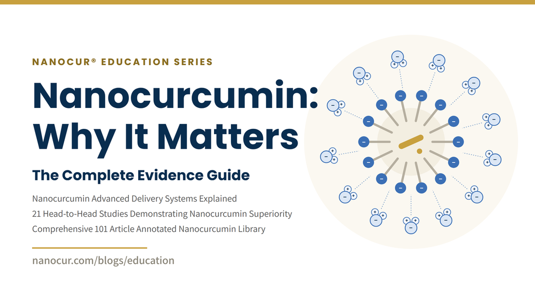 Nanocurcumin: Why It Matters, The Complete Evidence Guide. NanoCur education series card showing an amphipathic carrier micelle surrounded by water molecules.