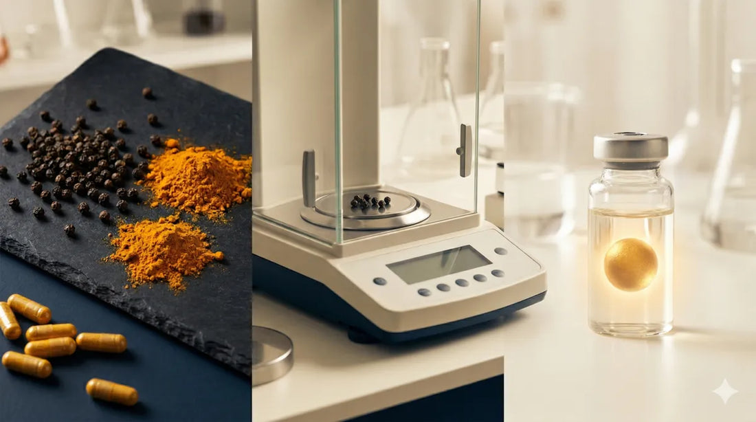 Analytical balance with black peppercorns alongside a golden nanoparticle in a lab vial, representing the scientific reassessment of piperine and curcumin delivery