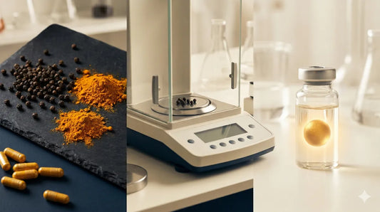 Analytical balance with black peppercorns alongside a golden nanoparticle in a lab vial, representing the scientific reassessment of piperine and curcumin delivery