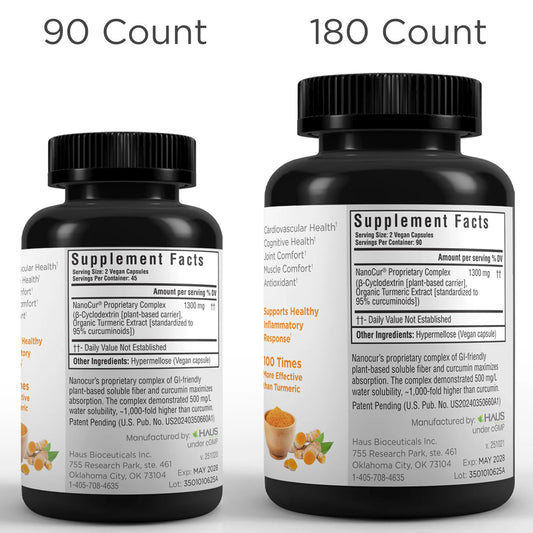 NanoCur turmeric curcumin supplement facts label showing organic curcuminoids and cyclodextrin ingredients