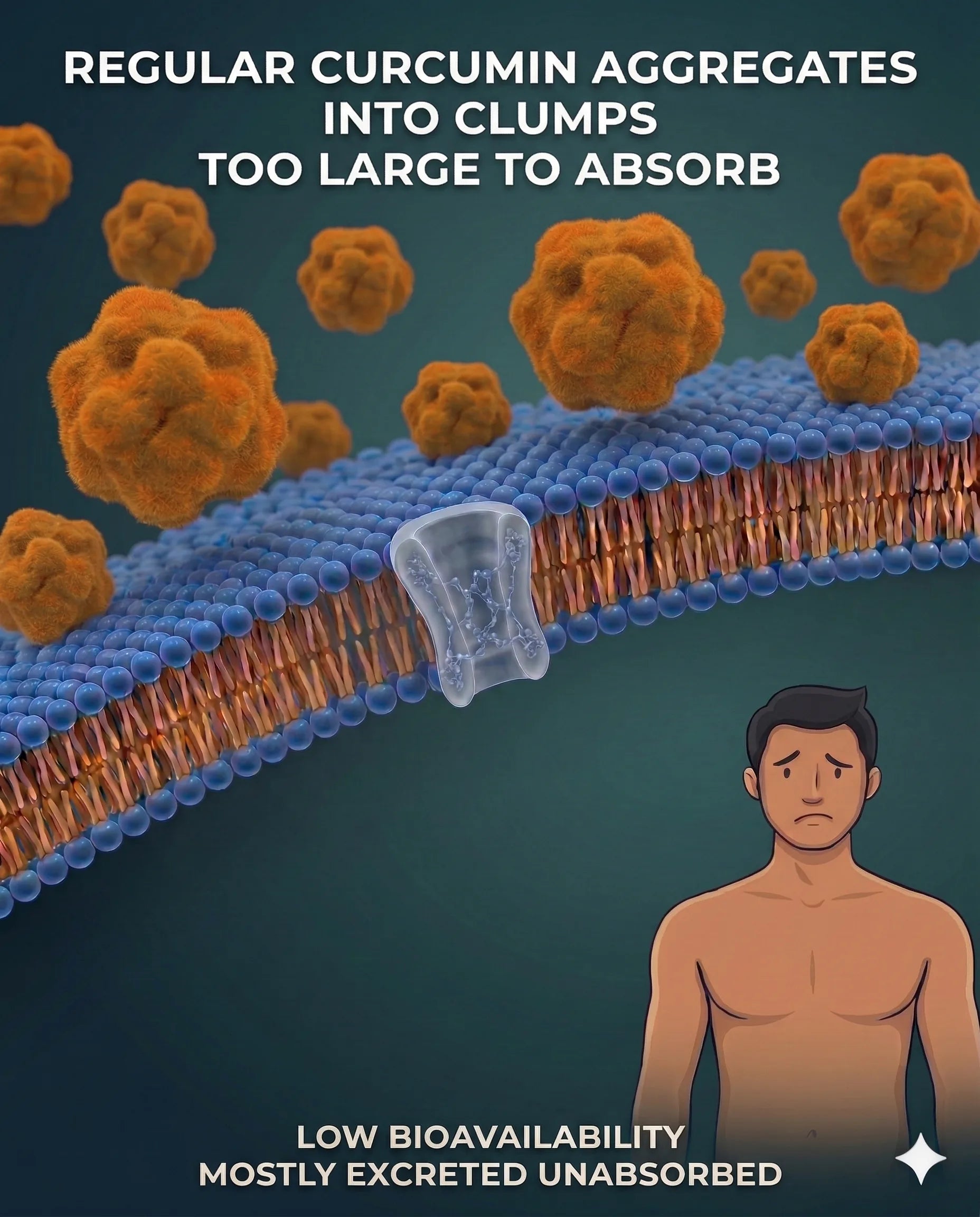 Regular curcumin aggregates into clumps too large to absorb — low bioavailability, mostly excreted unabsorbed