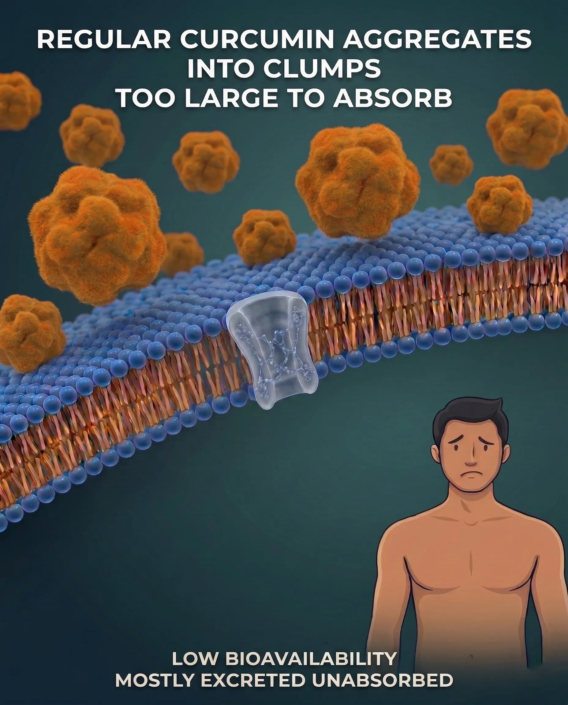 Regular curcumin aggregates into clumps too large to absorb — low bioavailability, mostly excreted unabsorbed